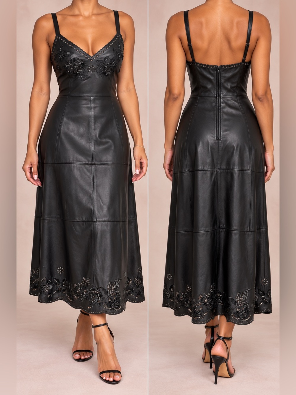 Women's Black Faux Leather Maxi Skirt with Floral Cutout Hem